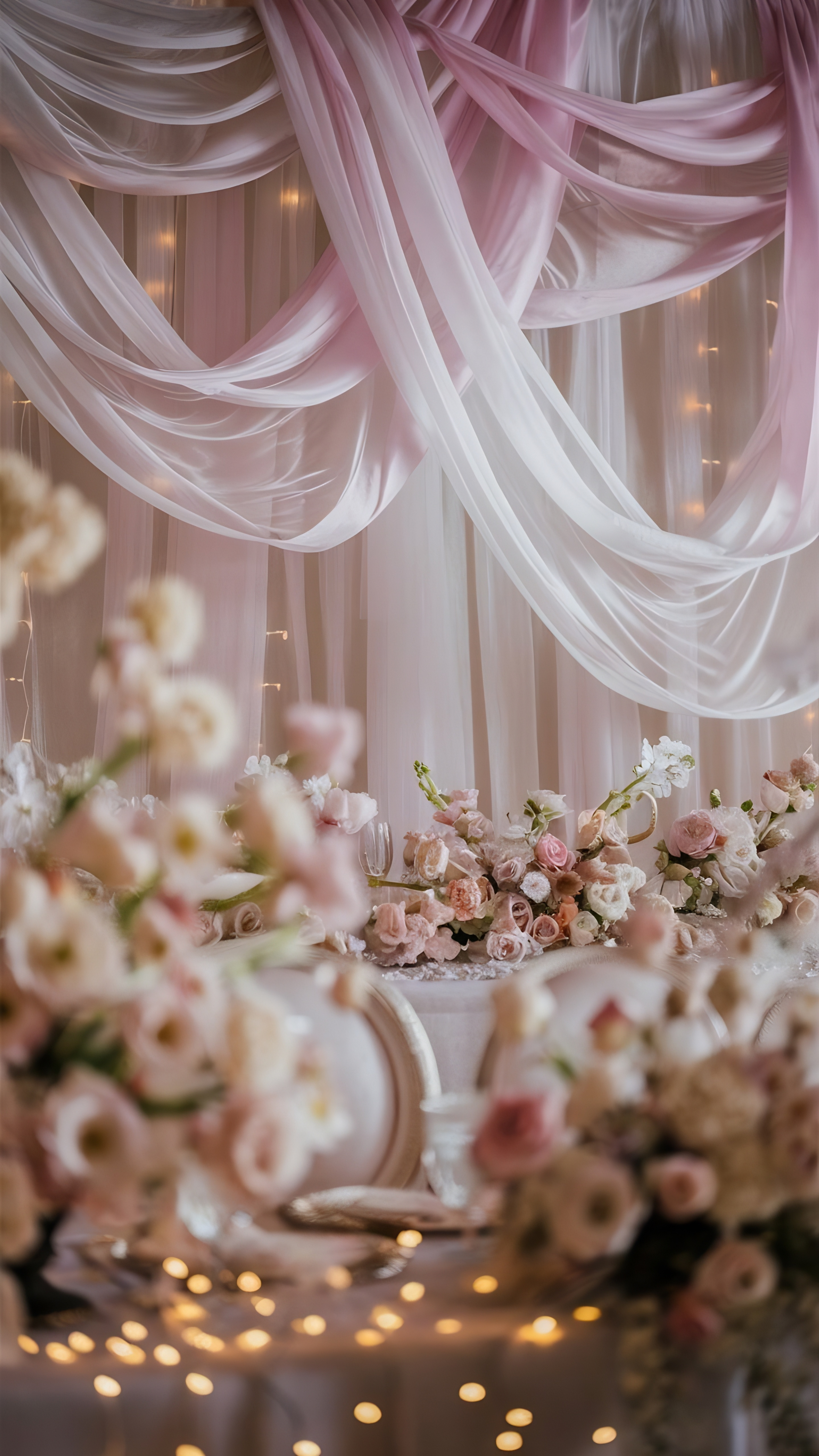 Reception table set with blush flowers and candlelight