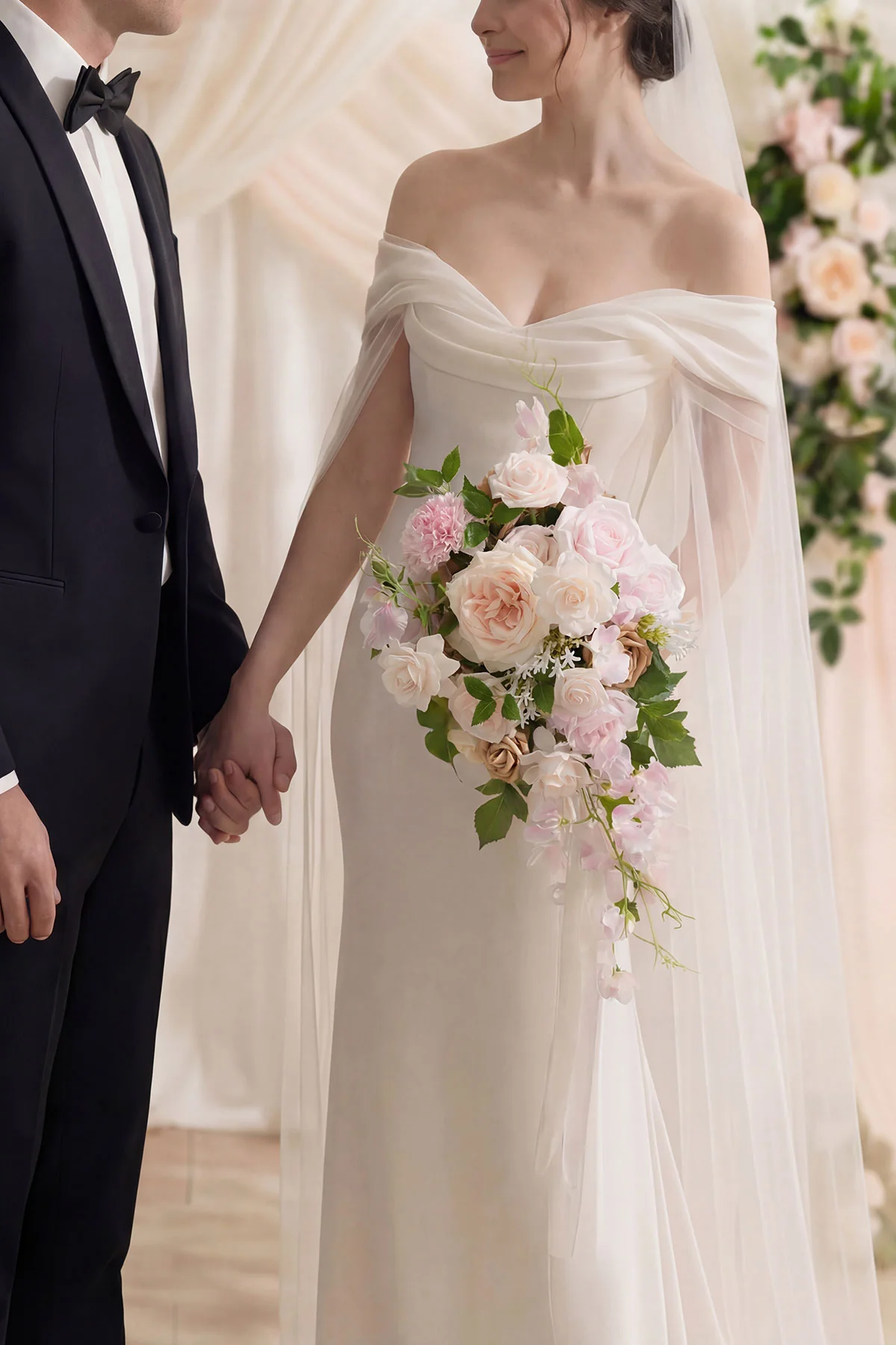 Small Cascade Bridal Bouquet in Powder Pink and Sand Beige